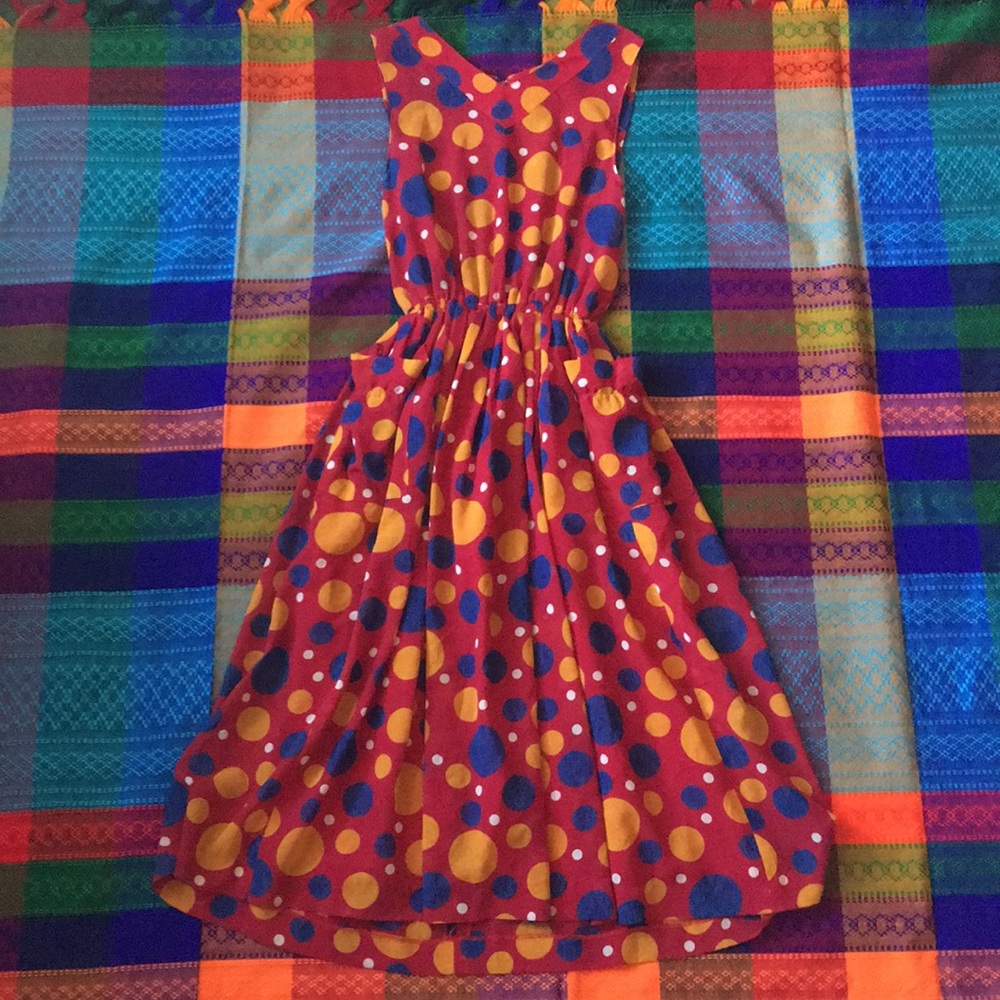 Vintage Polka Dot Midi Dress - Red, Blue, Yellow
